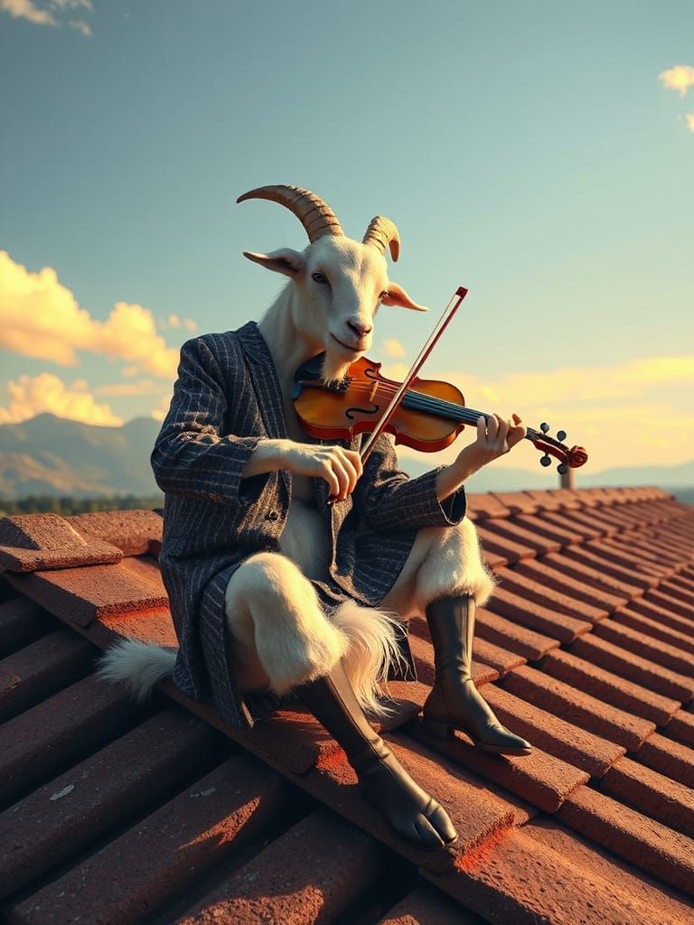 Anthropomorphic Goat Plays Violin on Roof