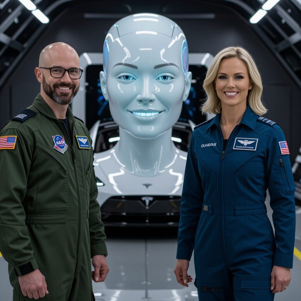 US Space Force Pilots with Android, Futuristic Spaceship Sce...