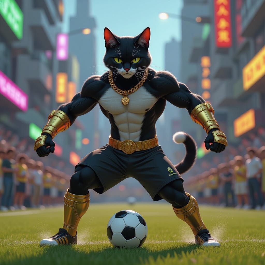 Serval Cat Plays Soccer in Futuristic City