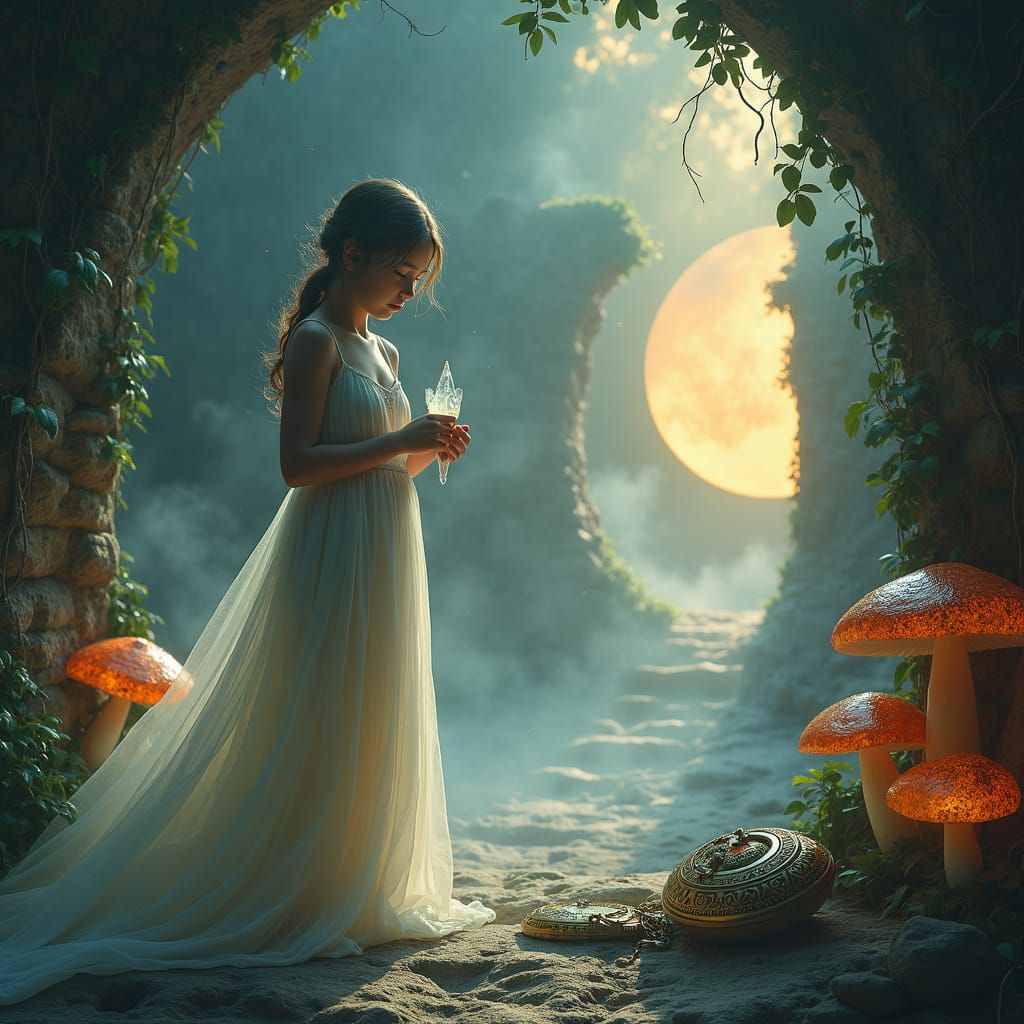 Mystical Girl with Shattered Locket in Fantasy World