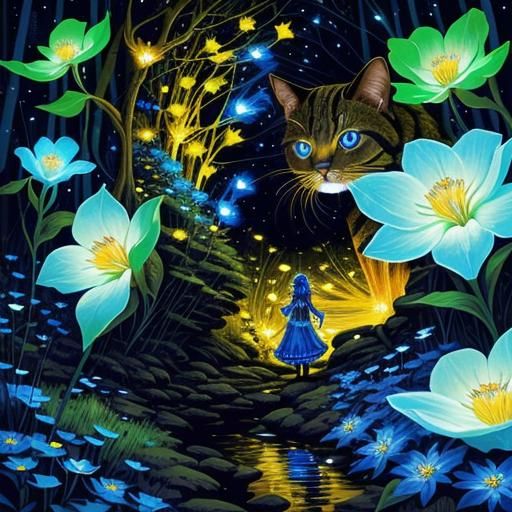 Bioluminescent Forest Stream: Fantasy Acrylic Painting