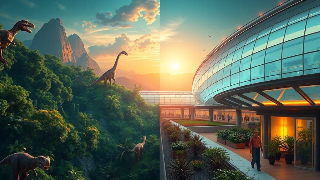 Prehistoric Jungle Meets Futuristic Cityscape