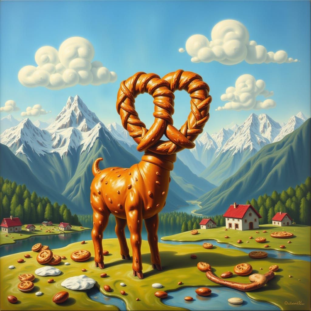 Whimsical Pretzel Goat in Majestic Swiss Alps