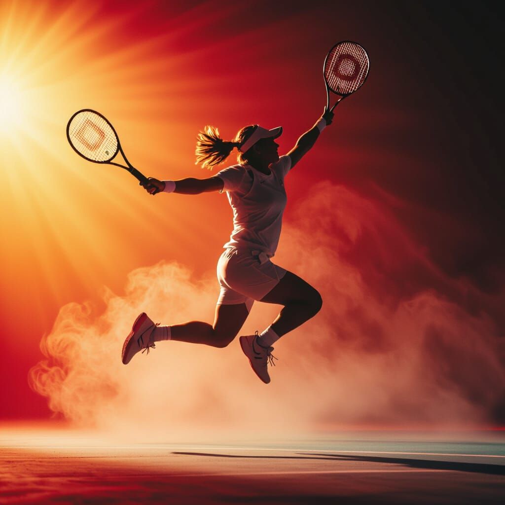 Tennis Player Mid-Air in Cinematic Style