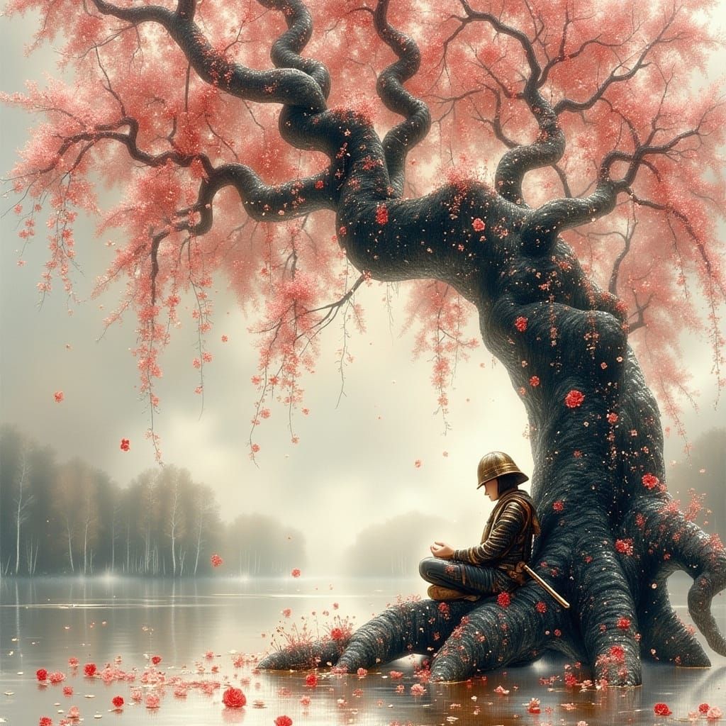 Samurai Meditating Under Gnarled Cherry Tree