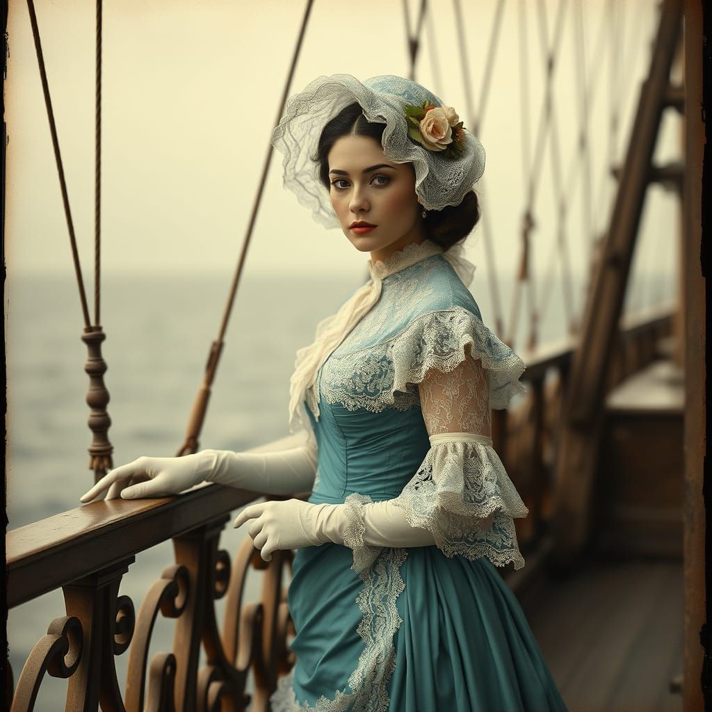 Victorian Woman in Teal Dress on Ship Deck