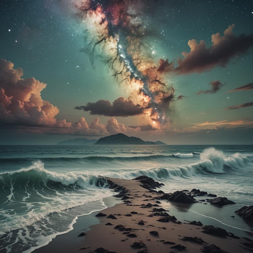 Dramatic Sea Waves Under Nebula Sky