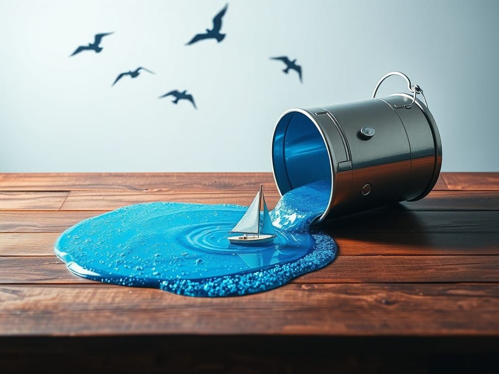 Surreal Blue Liquid Spills from Bucket with Sailboat