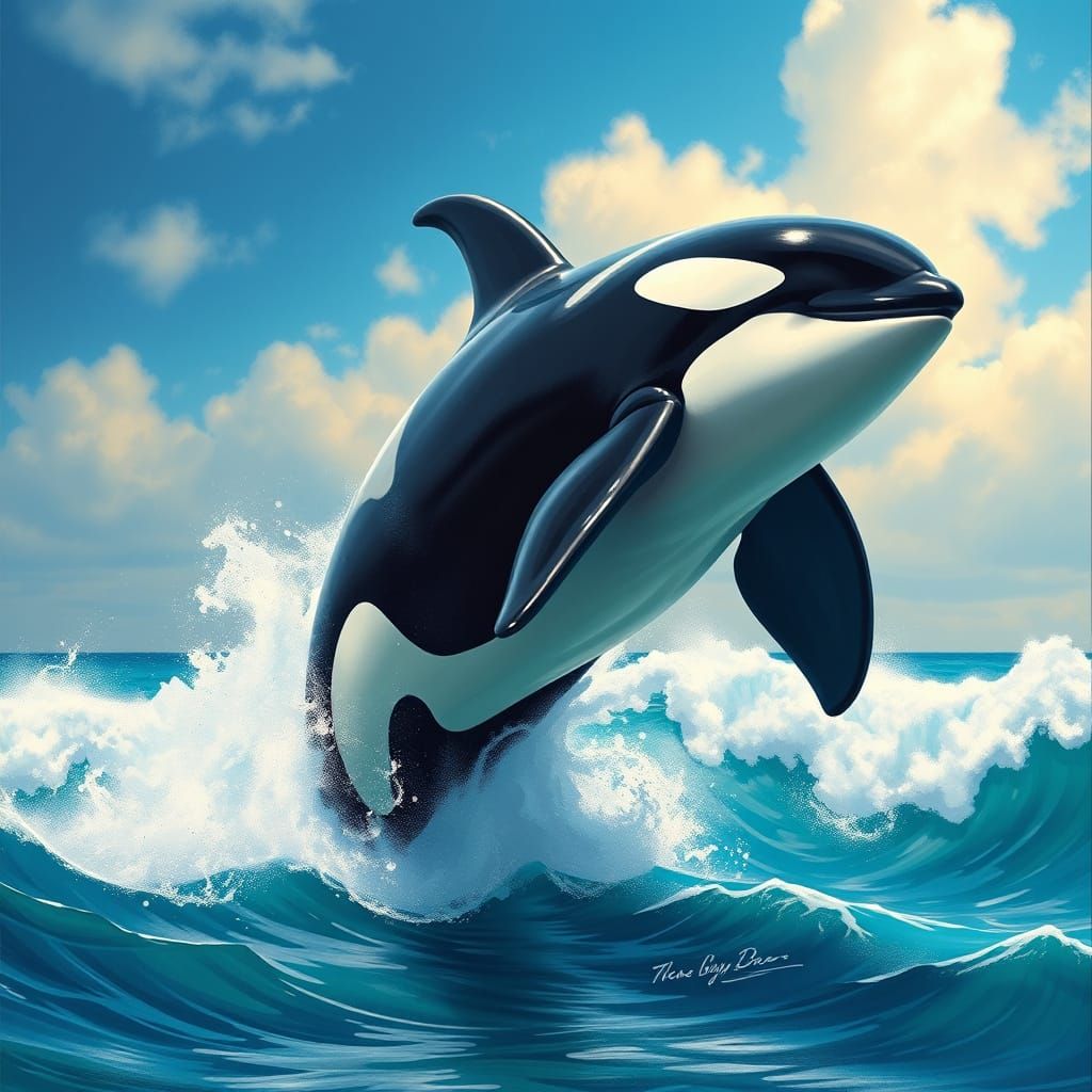 Majestic Orca Leaps Out of Turquoise Ocean in Wildlife Art S...