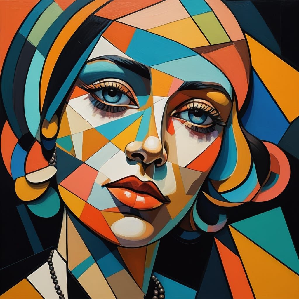 Cubist Flapper Woman in Neon Hues