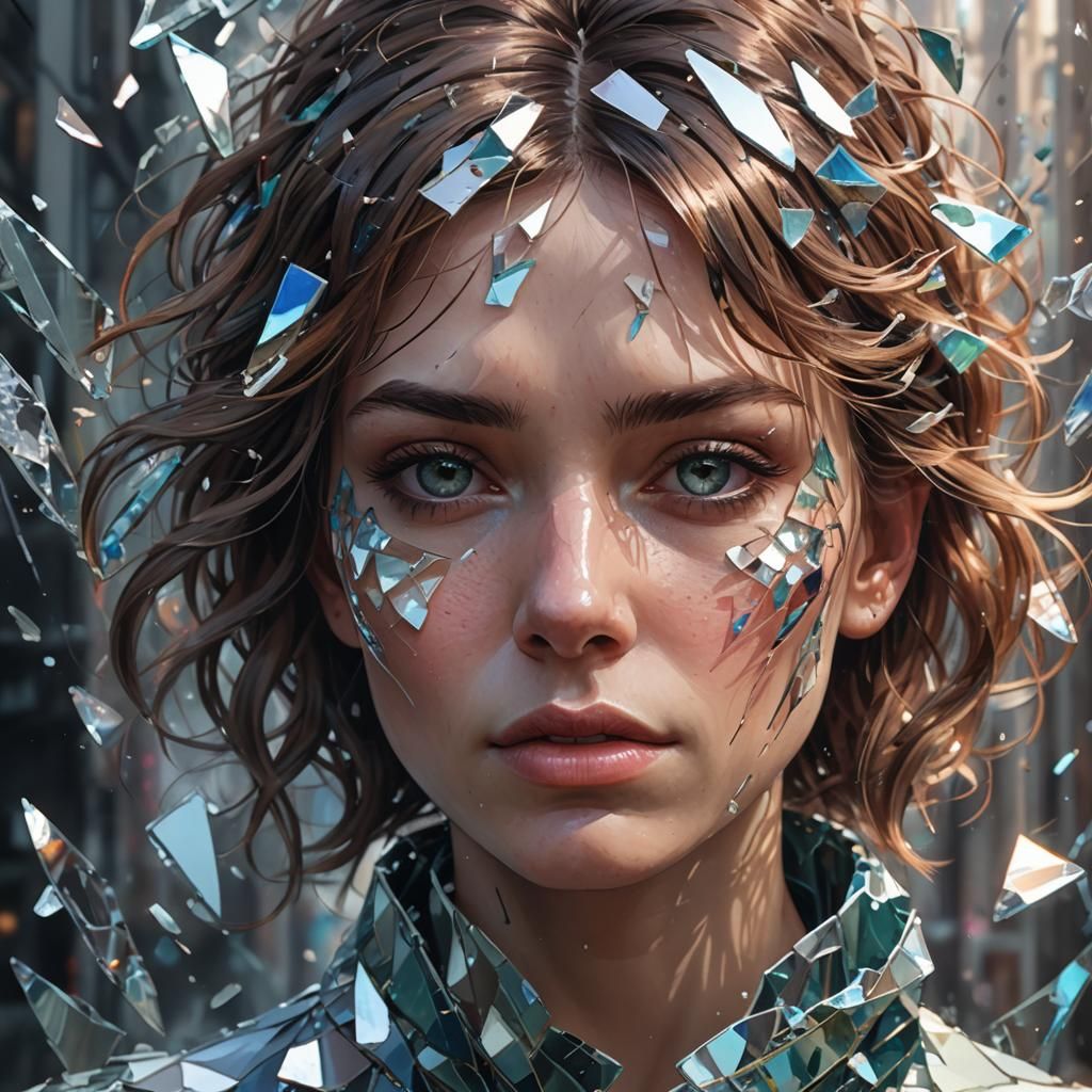 Shattered Glass Face Portrait in Hyperdetailed Style
