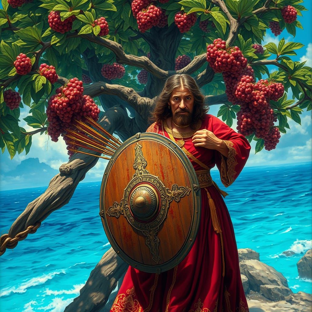 Woman in Royal Gown Shields Man on Tropical Shore