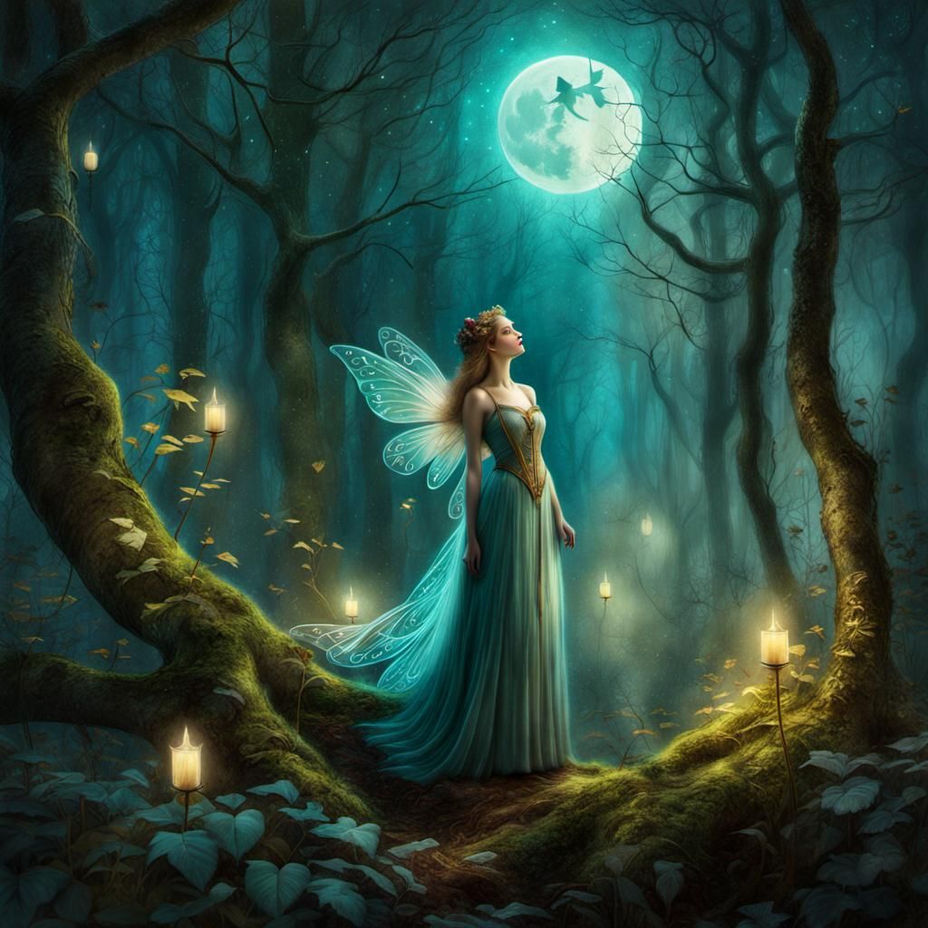 Fairy in Moonlit Forest: Digital Concept Art