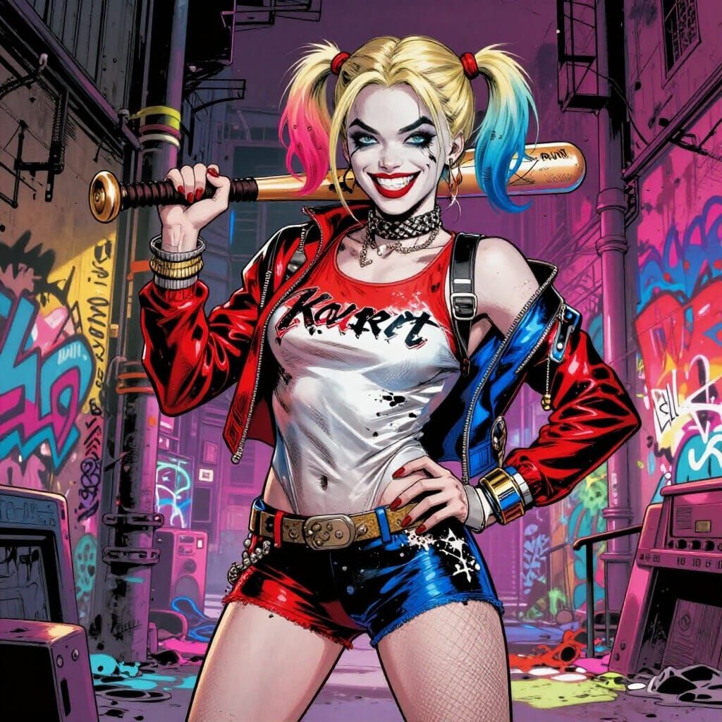 Harley Quinn in Vibrant Urban Alleyway Comic Illustration