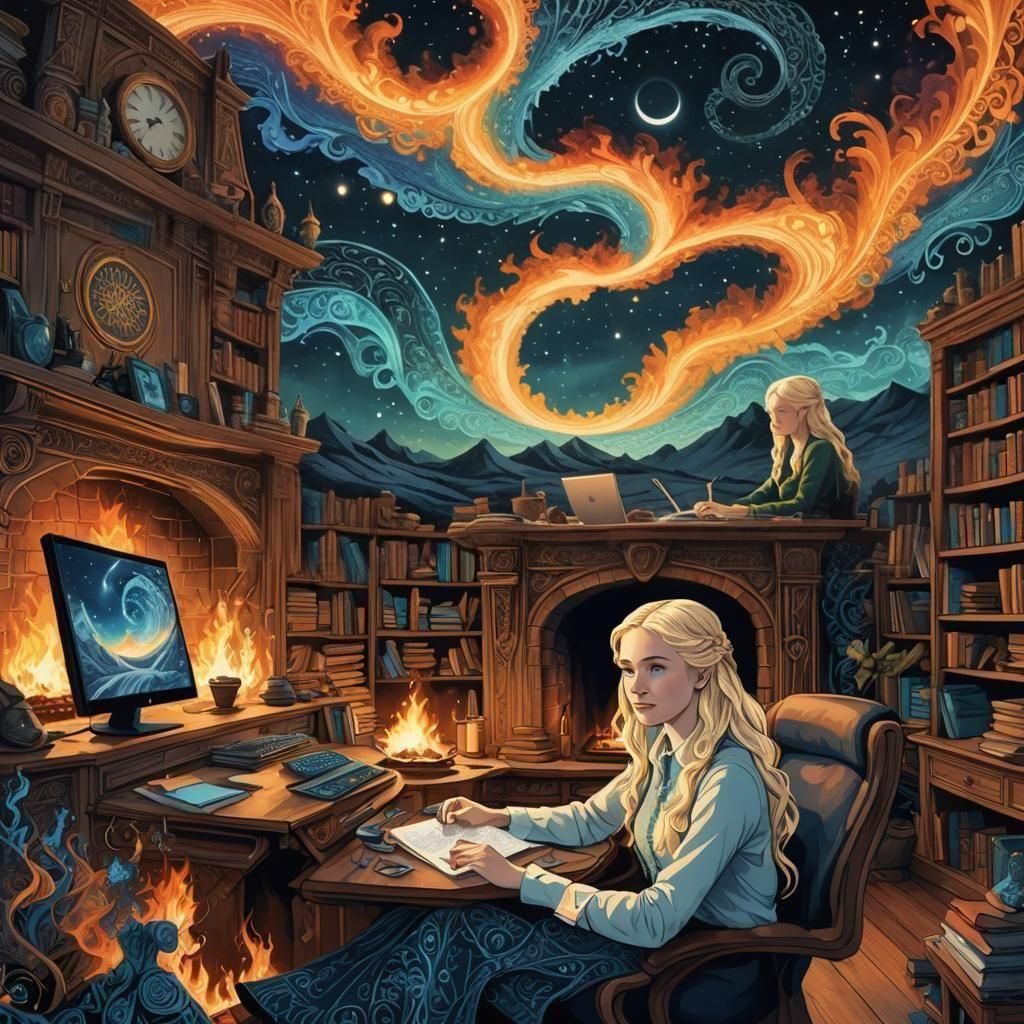 Tolkien-Inspired Office Scene with Woman Brainstorming