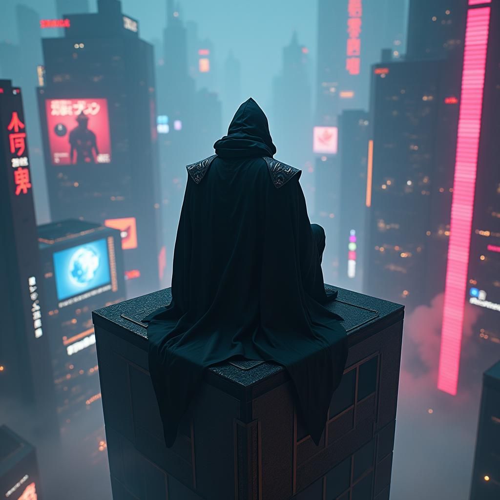 Cyberpunk Villain Overlooking Neon Dystopian Cityscape