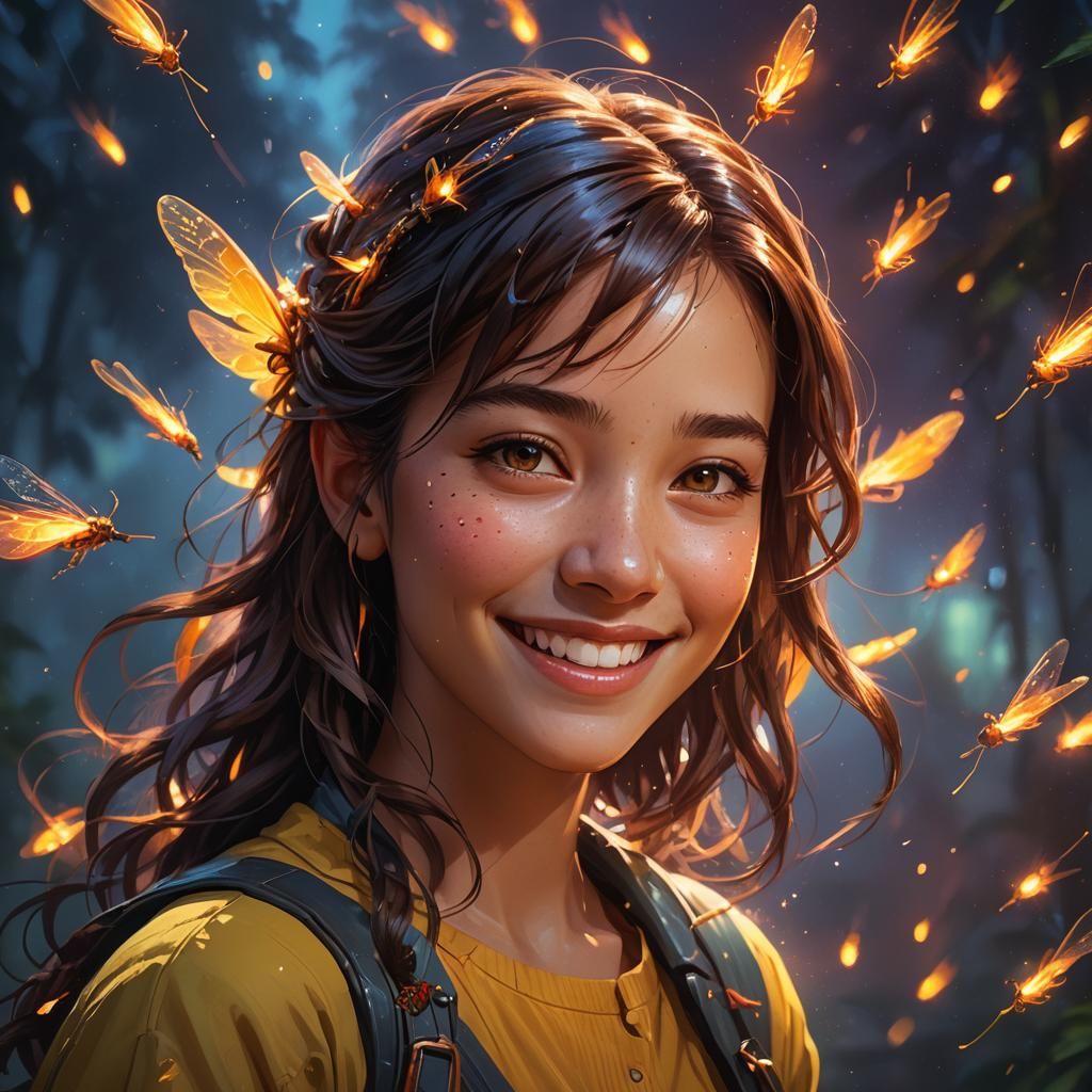 Hyperrealistic Firefly Girl Smiling in Splash Art