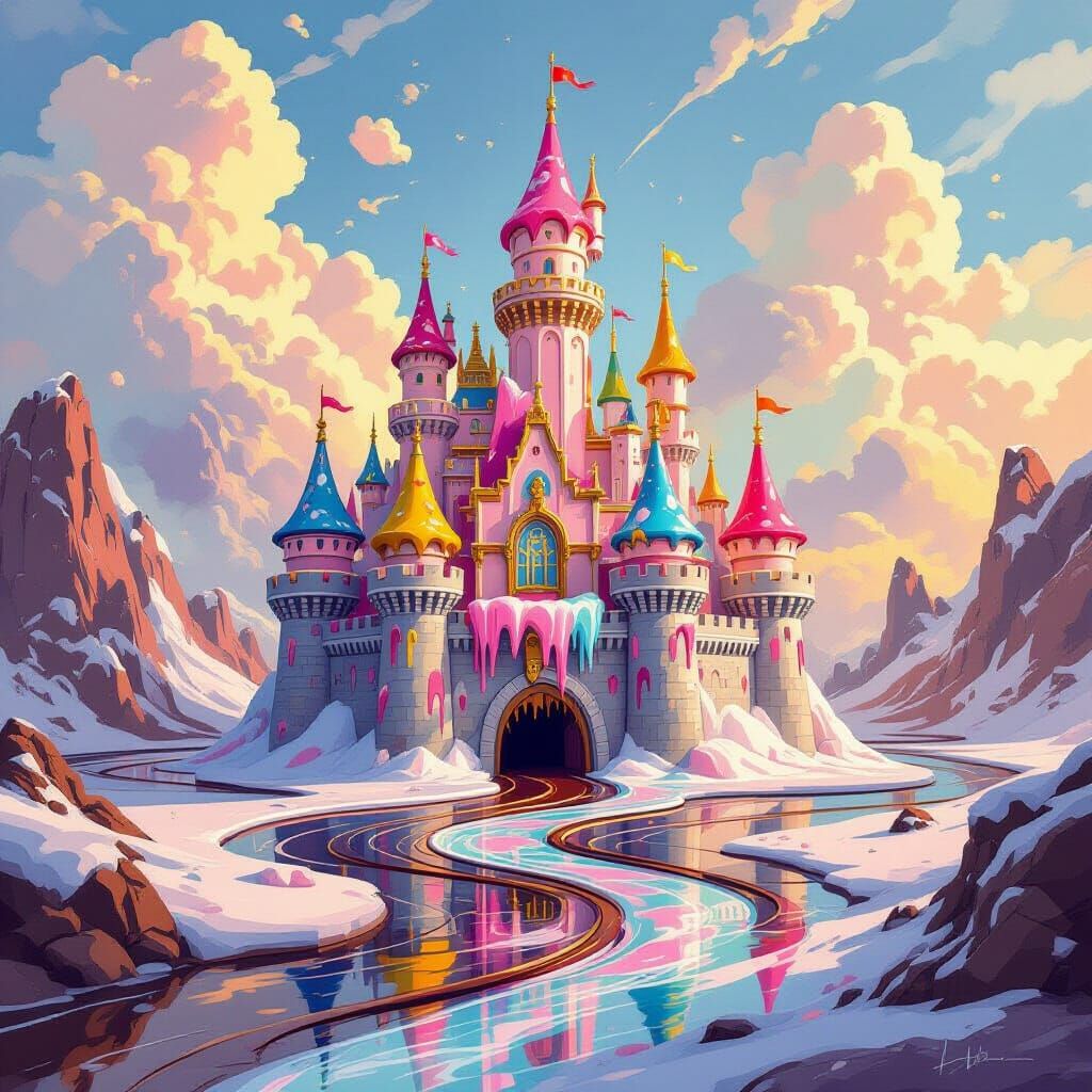 Melting Ice Cream Castle in Dreamlike Landscape