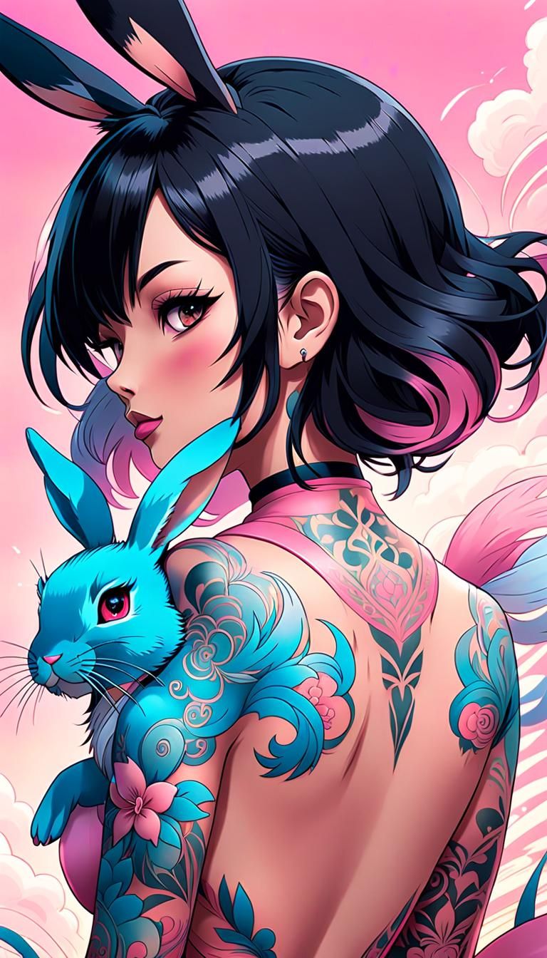 Anime Woman with Rabbit Tattoo in Comic Book Style