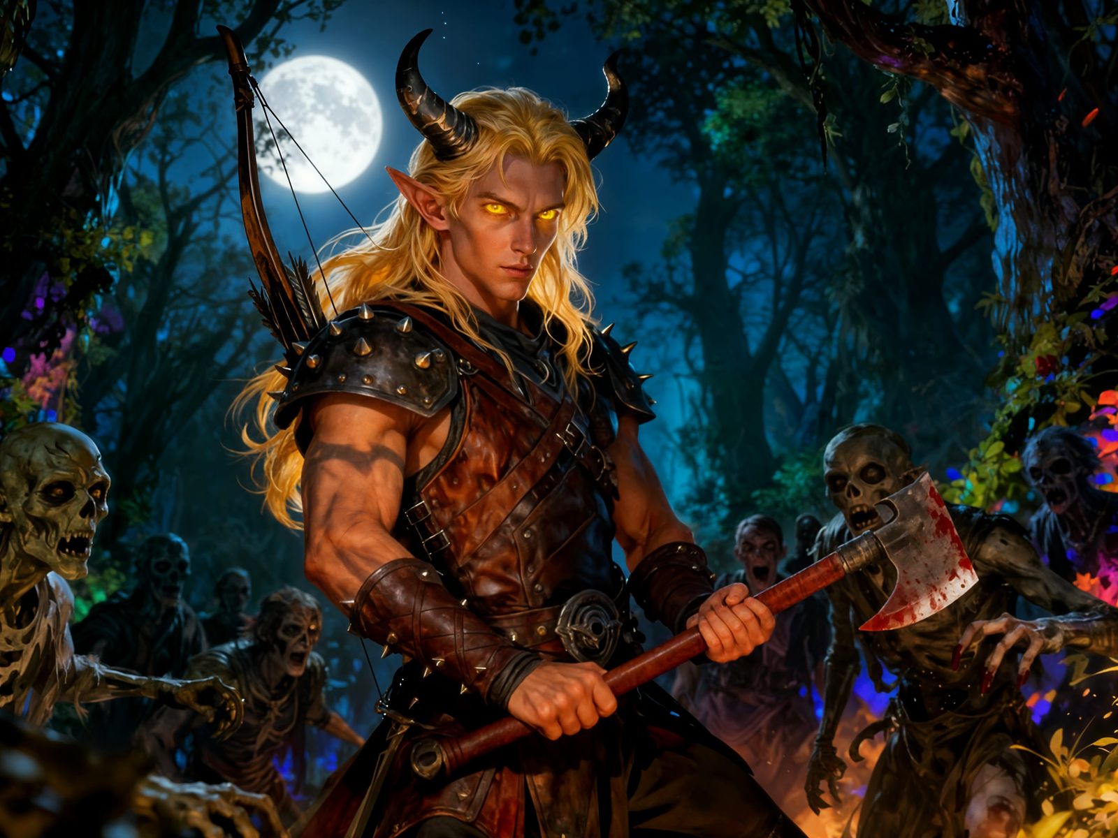 Tiefling Ranger Fights Undead Horde in Druid Grove