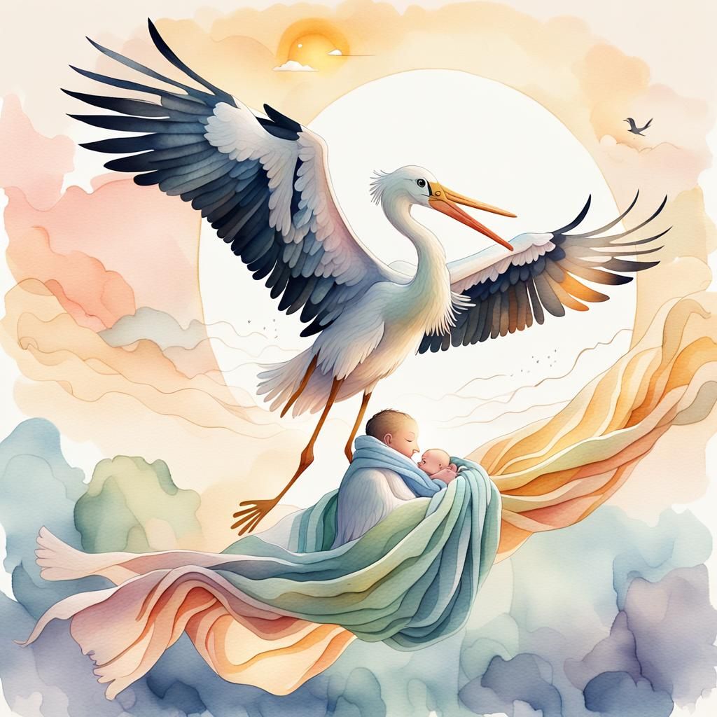 Stork Delivers Newborn in Dreamy Watercolor Style