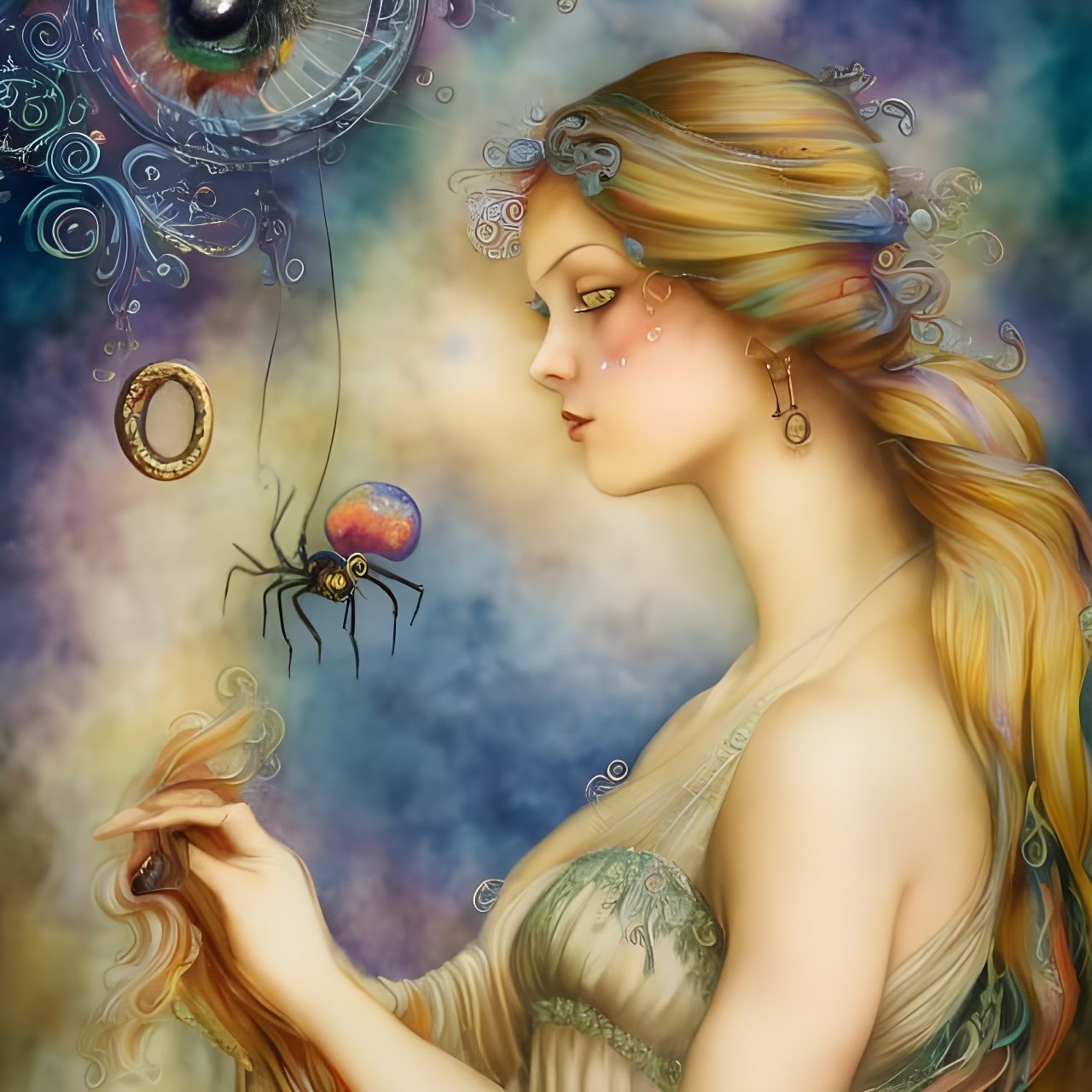 Woman Spinning Web Yarn in Watercolor Style