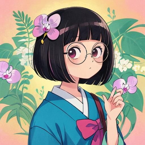 80s Anime Woman with Orchid, Hand Drawn Style