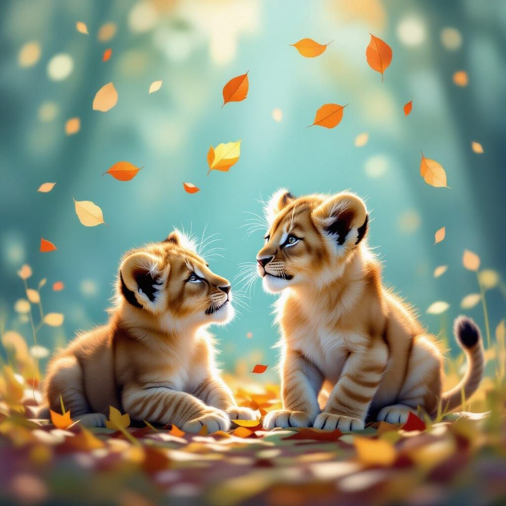 Lion Cub's Play Among Ethereal Autumn Leaves