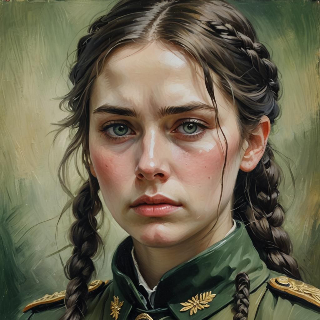 Sad Girl in Military Uniform: An Impressionist Oil Painting