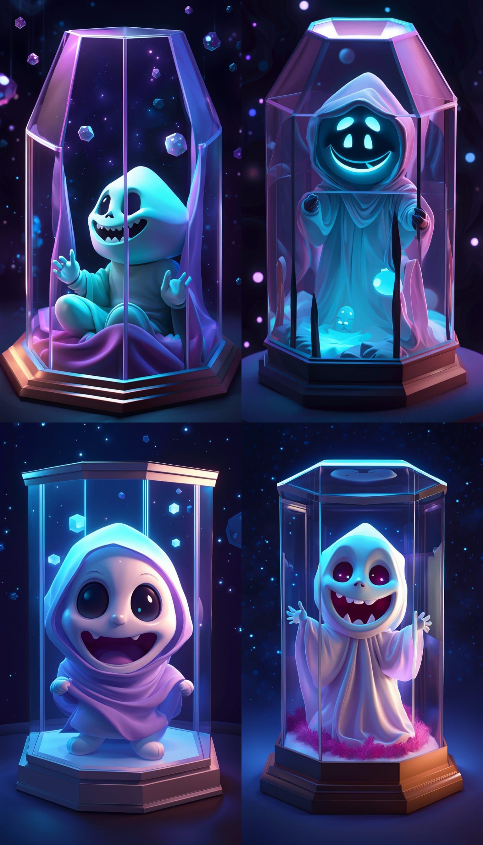 Cute Bedsheet Ghoul in Glass Box, Digital Illustration