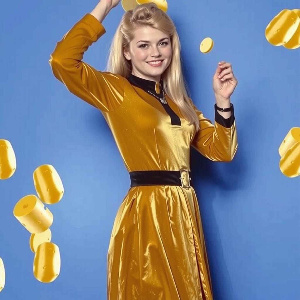 Blonde in 70s Dress with Flying Swiss Cheese