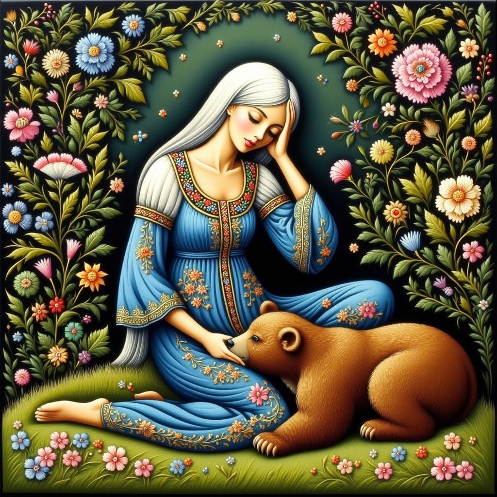 Dreamlike Scene of Serene Young Woman and Gentle Bear in Pal...