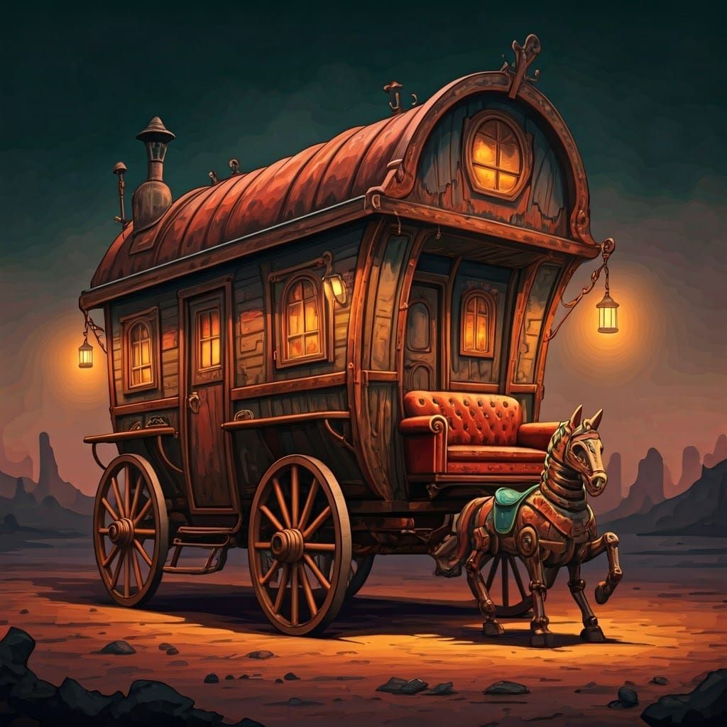 Post-Apocalyptic Gypsy Carriage House Wagon in Whimsical Fan...