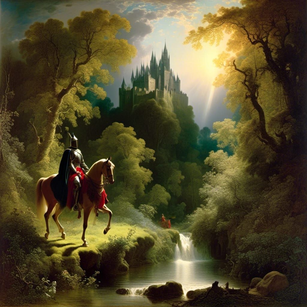 Knight Rides Through Sunny Forest in Dore Style