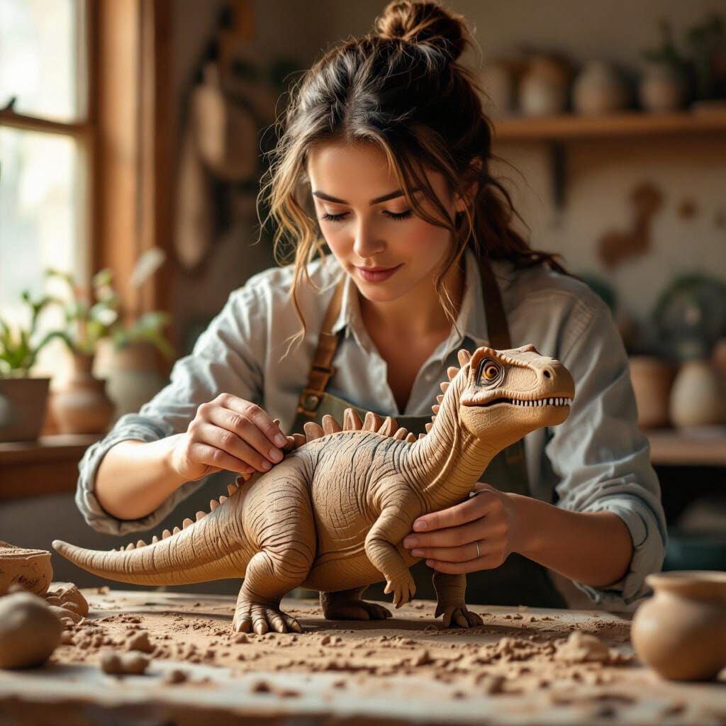 Woman Sculpting Clay Dinosaur: Fantasy Concept Art