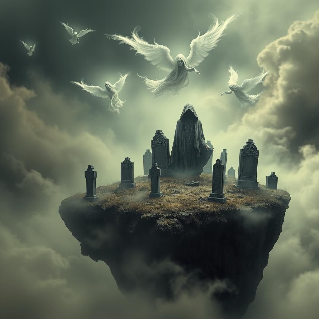 Mystical Cemetery on Floating Island in Ethereal Landscape