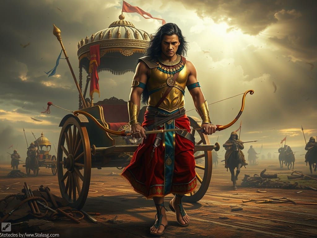 Indian Warrior Stands Beside Damaged War Chariot on Desolate...