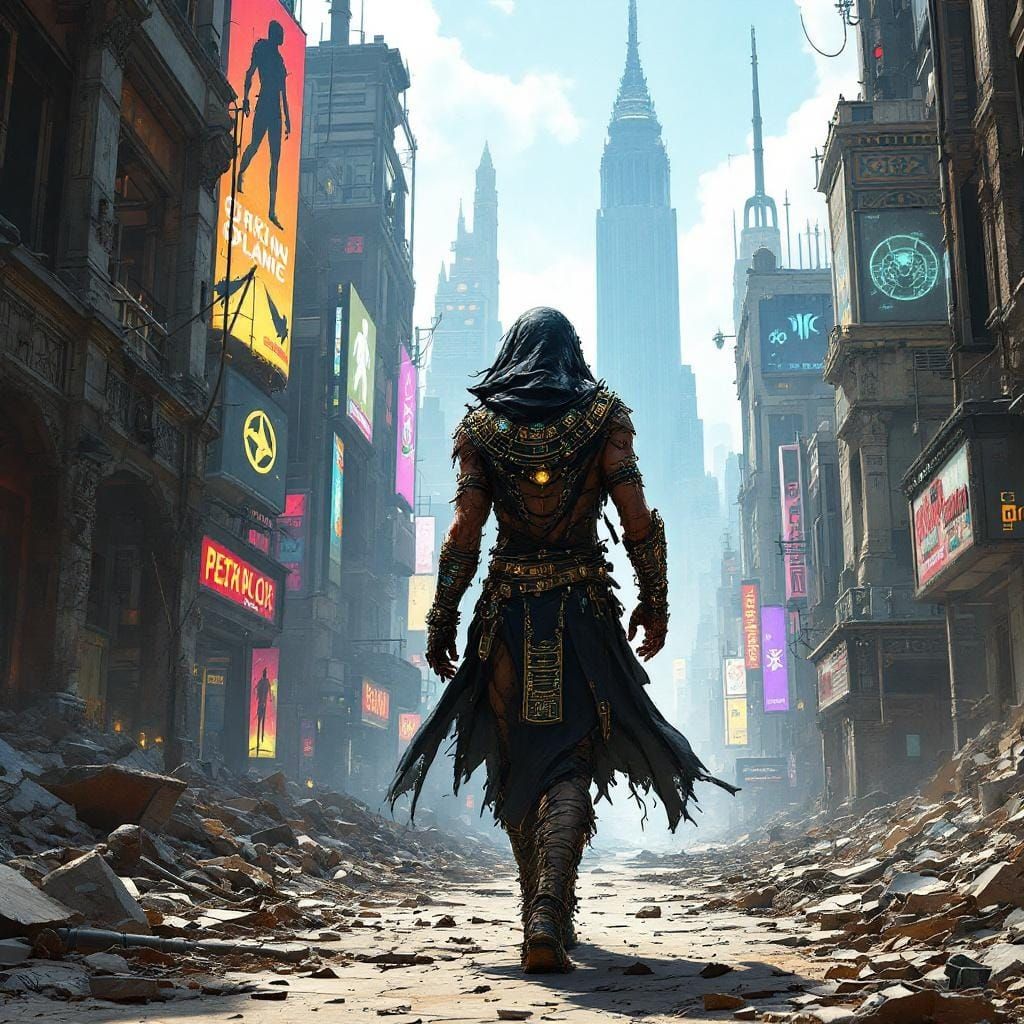 Egyptian God Striding Through Cyberpunk Metropolis