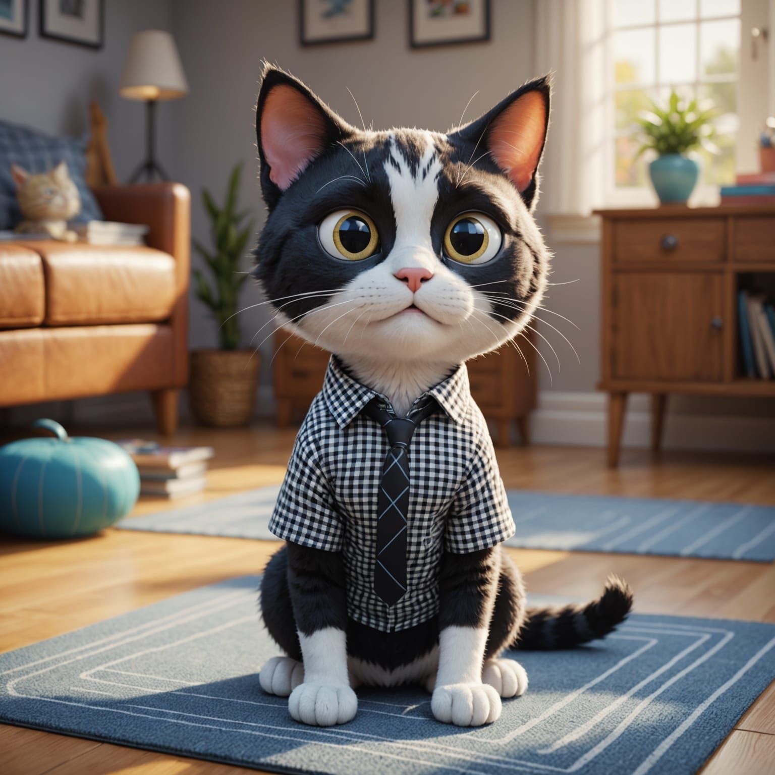 Pixar-Inspired Cat in Chic Black and White Gingham