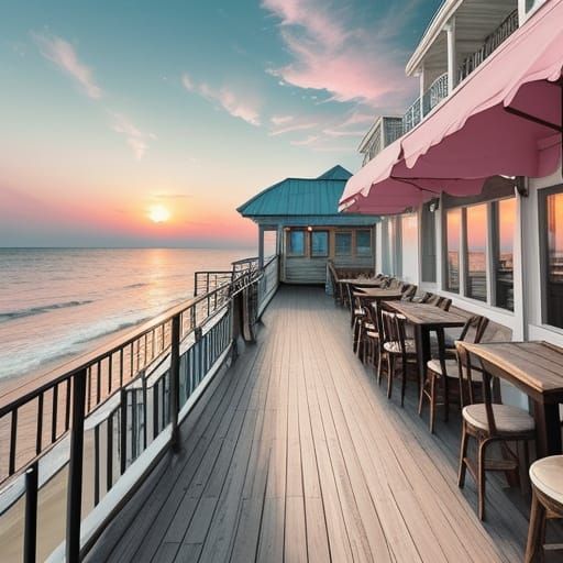 Shabby Chic Beach Cafe with Pink Clouds
