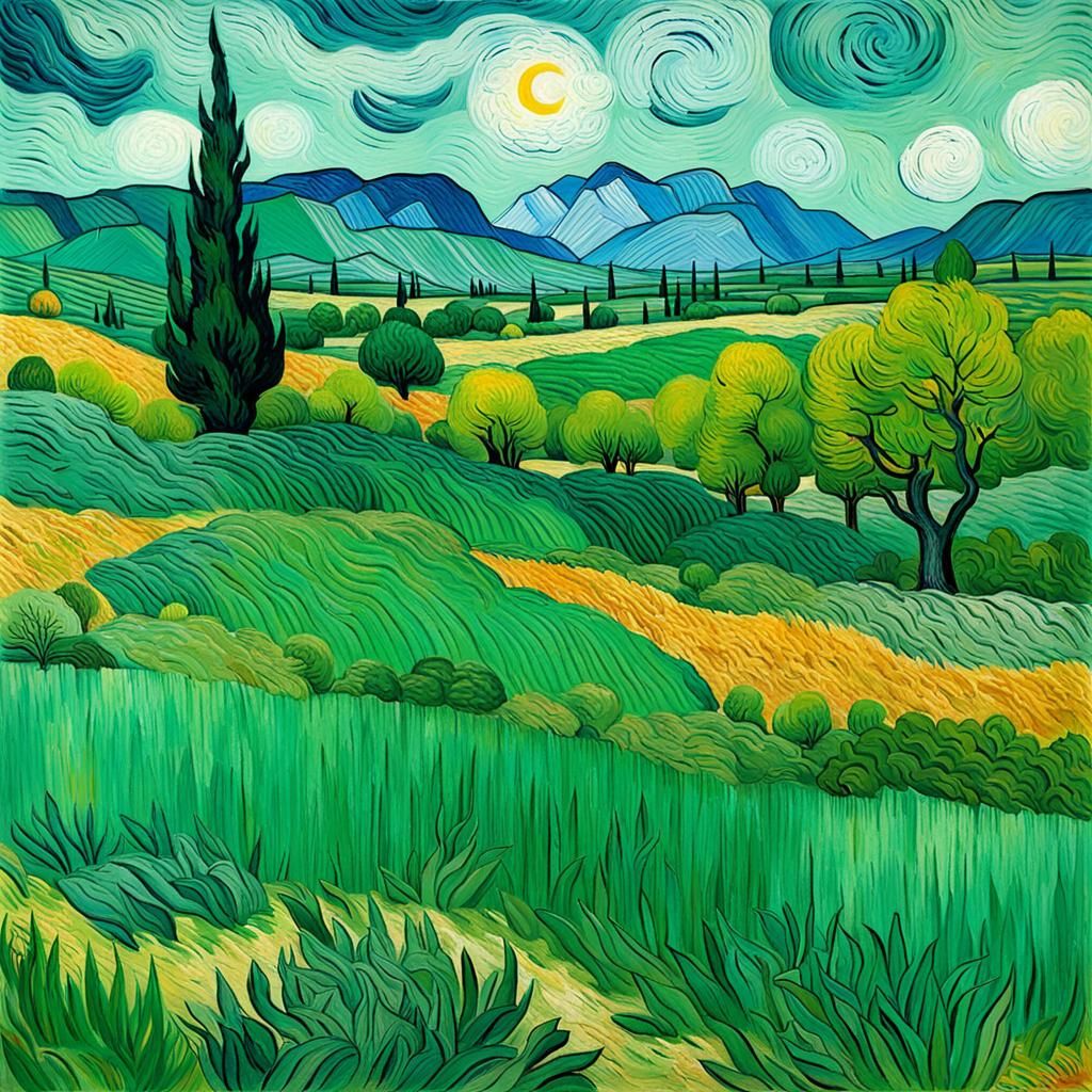 Lush Green Landscape in Impressionistic Style