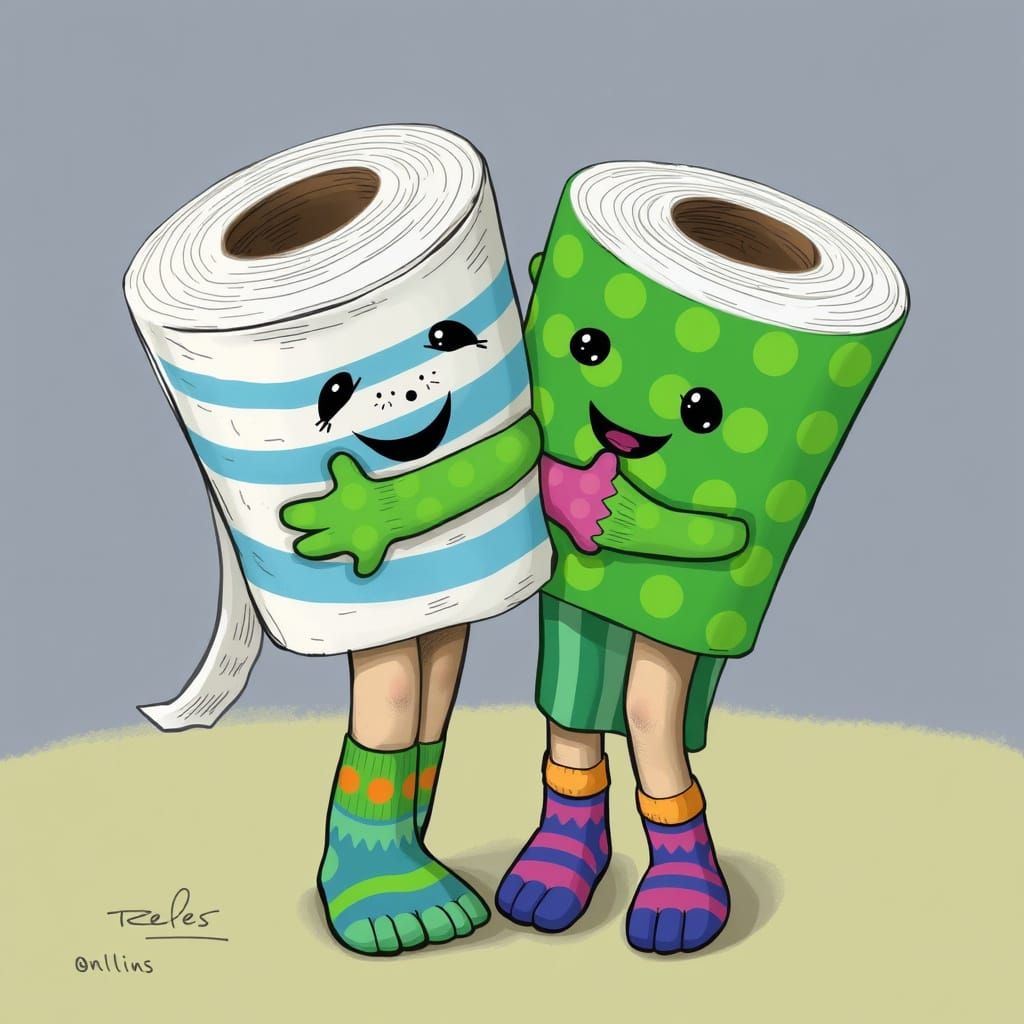 Playful Toilet Paper Roll Hug in Whimsical Style