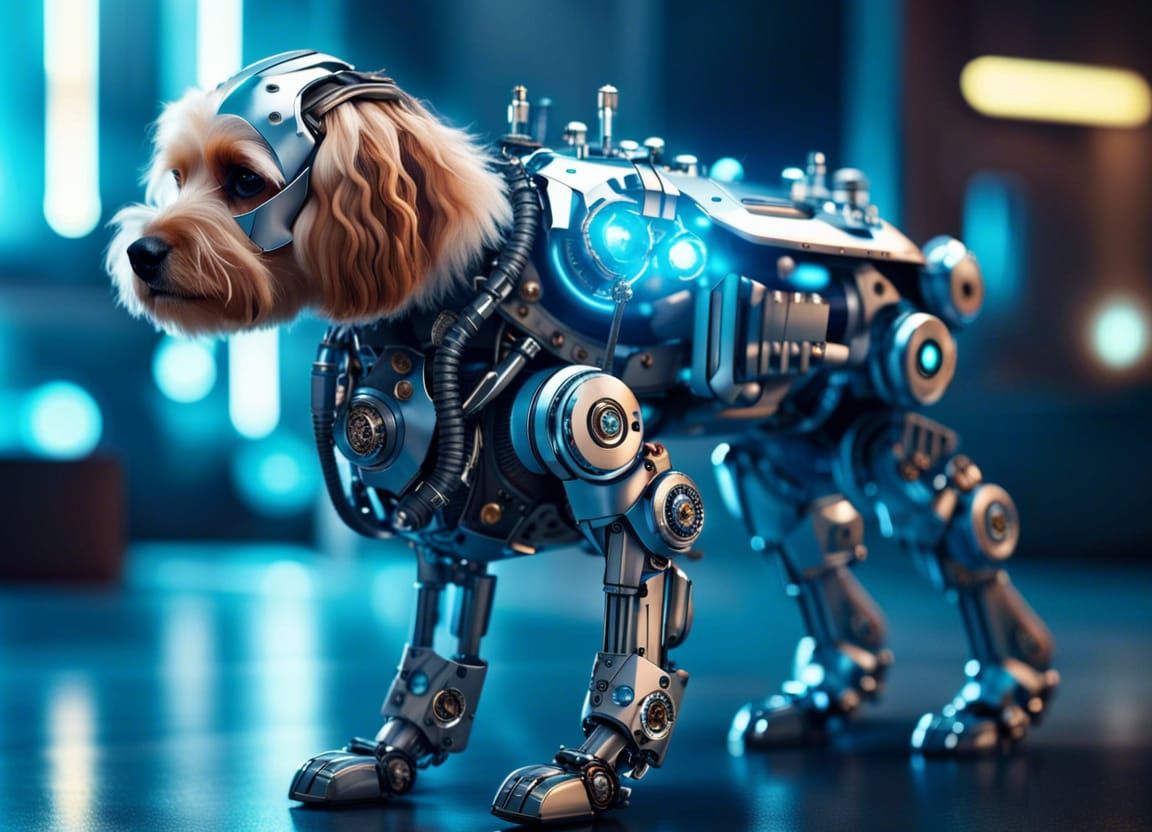 Steampunk Robodog Mecha in Cyberpunk Cityscape