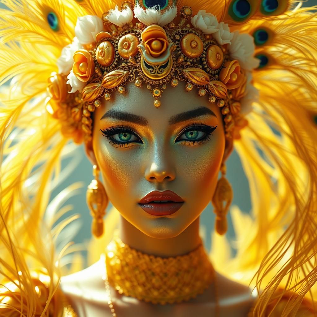 Golden Woman with Peacock Feathers and Floral Crown