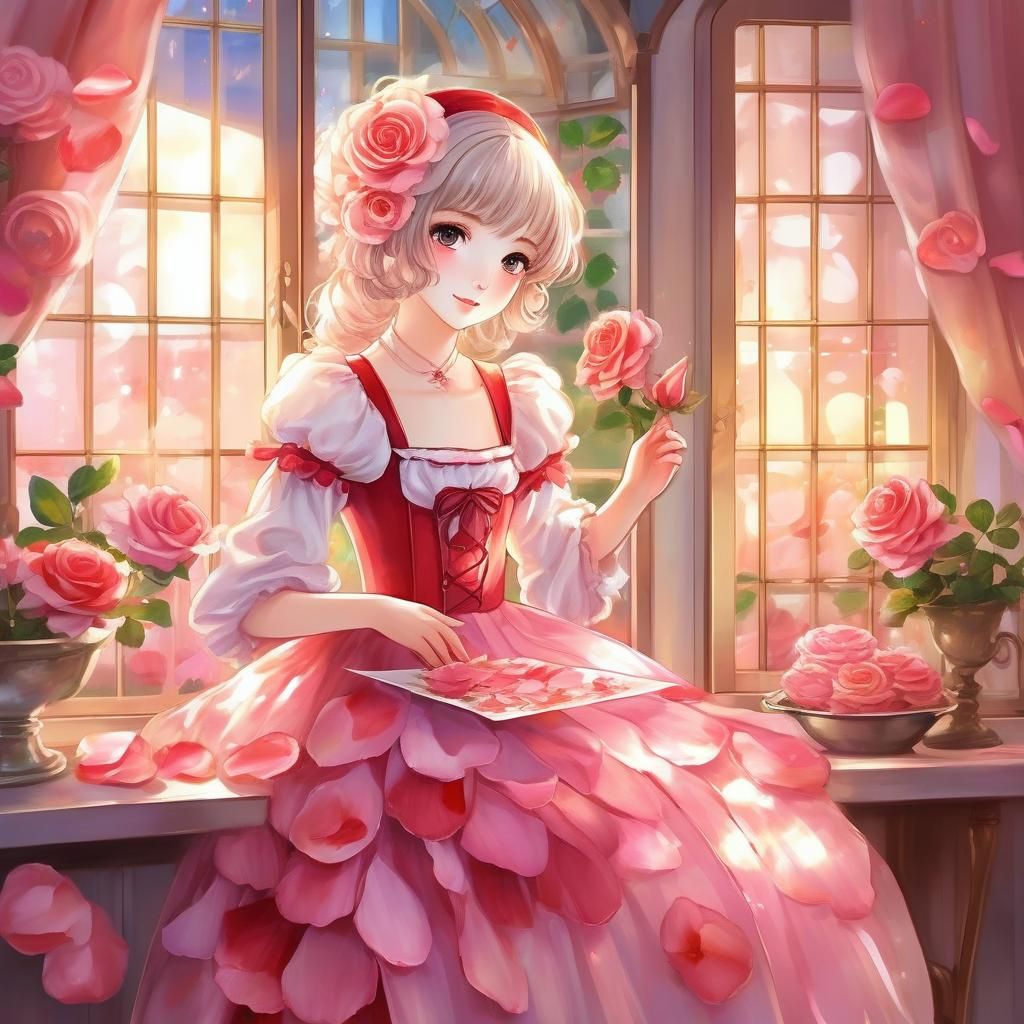 Anime Girl Dressing Rose Petal in Painterly Style
