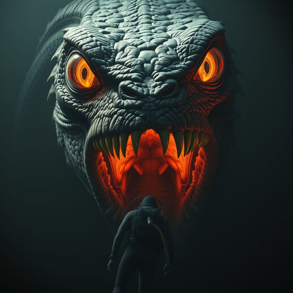Surreal Sea Monster Engulfs Diver in Dark, Gloomy Depths