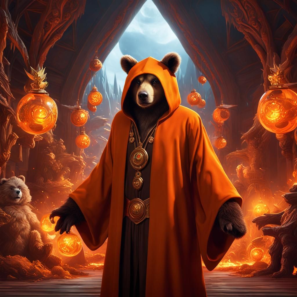 Orange Robed Figure with Teddy Bear Monster