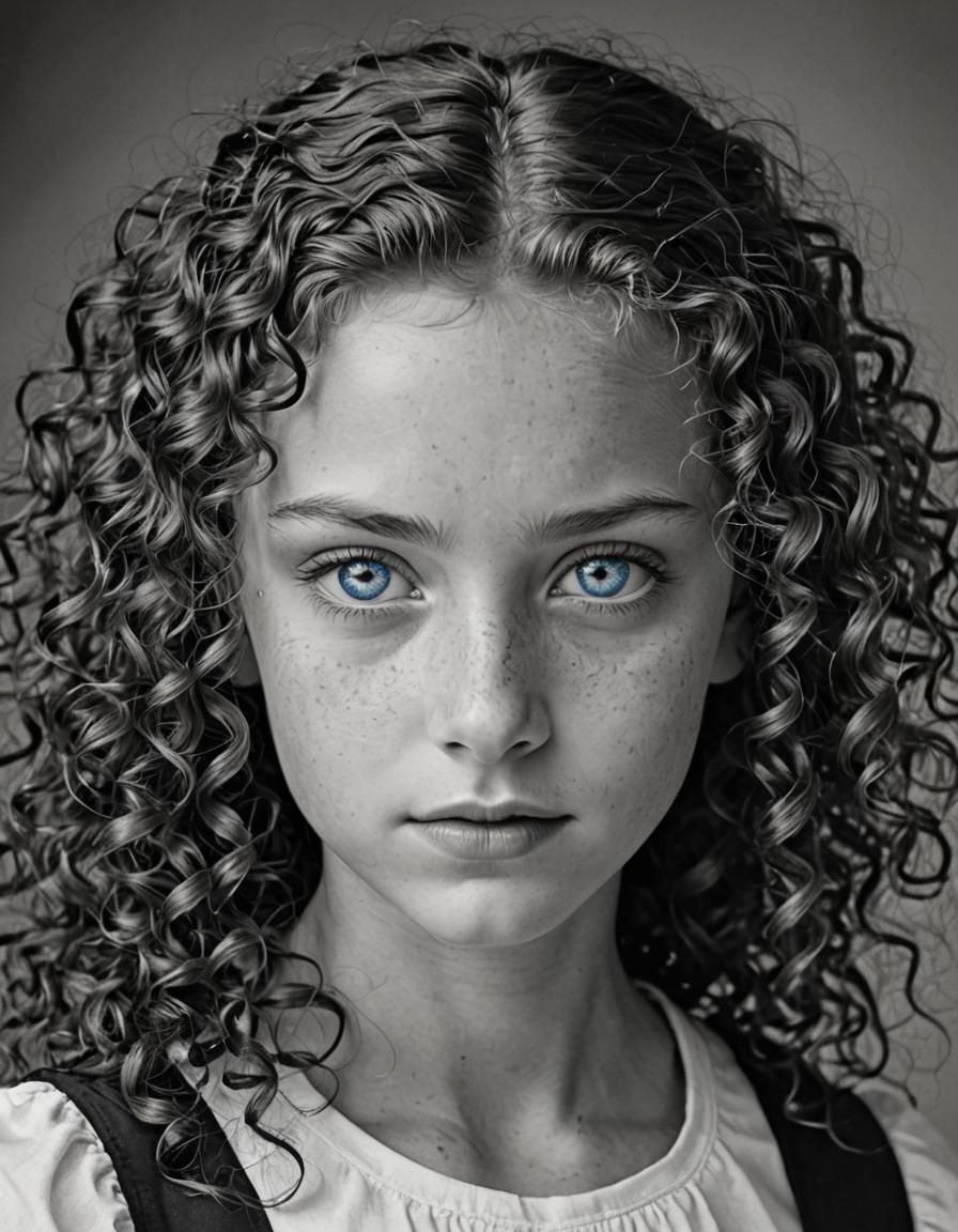 Monochrome Portrait of Girl with Intense Blue Eyes