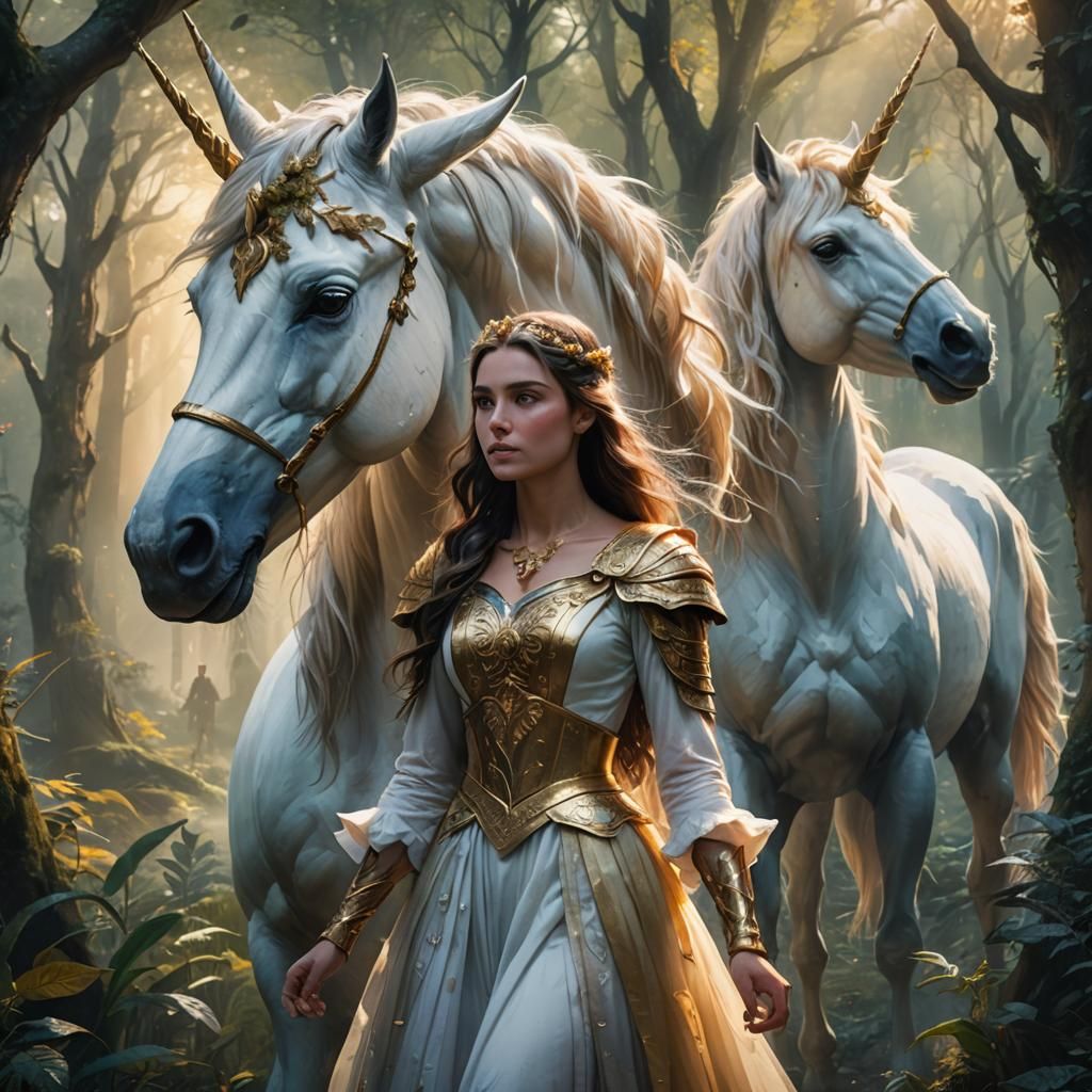 Mystical Forest: Lady, Man, and Unicorn in Watercolor