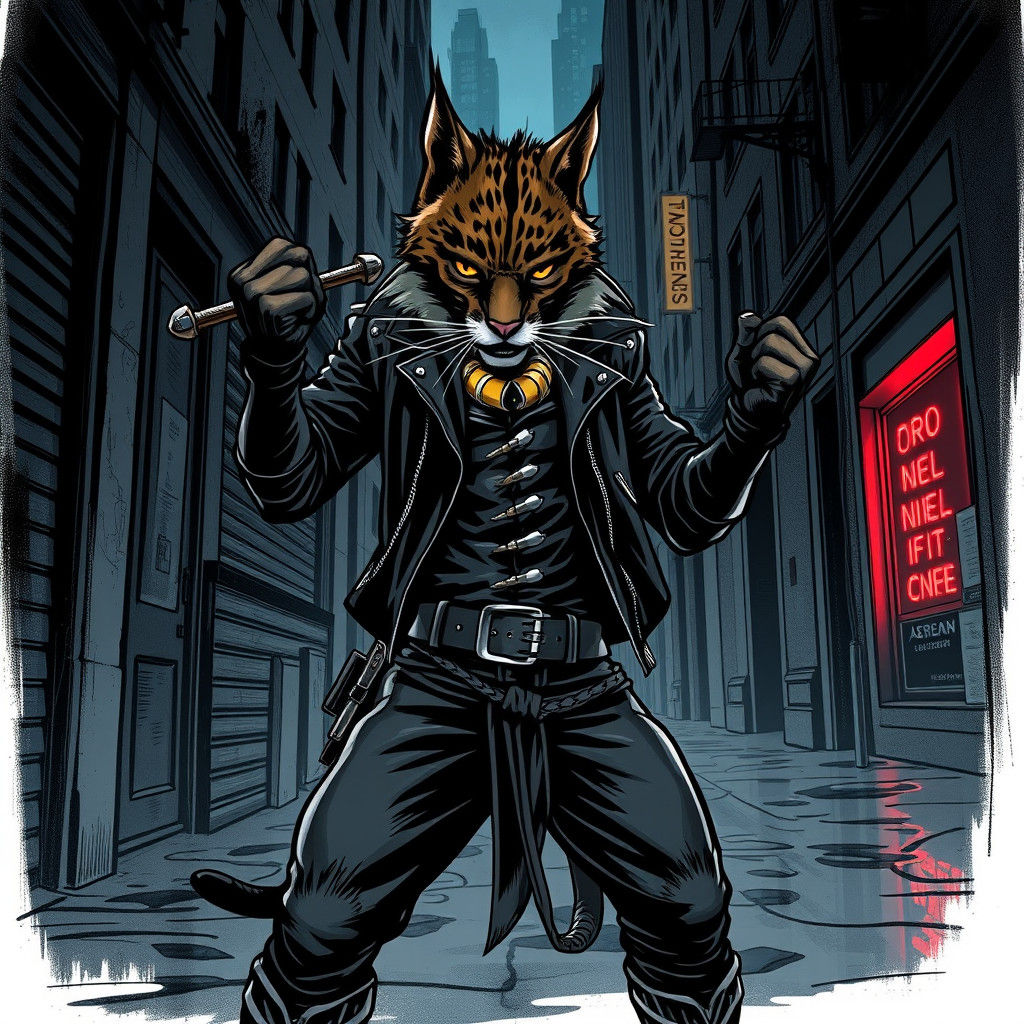 Feline Warrior in Noir Comic Style